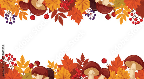 A decorative autumn frame with top and bottom borders made of colorful fall leaves, mushrooms, and red and blue berries.