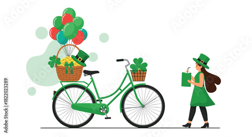 A festive St. Patrick's Day scene with a woman in green, a bicycle with balloons, and a basket of gold coins and shamrocks.