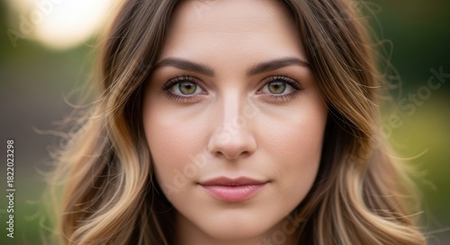 Close-up portrait of a young woman with captivating green eyes and