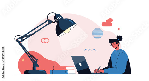 An illustration of a focused person working or studying at a desk with a laptop, illuminated by a large, modern desk lamp.