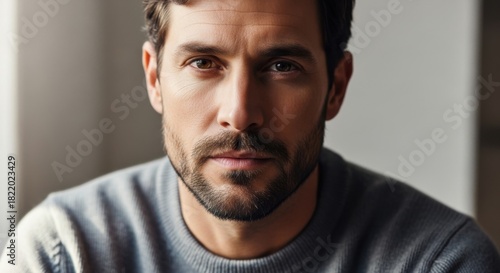 Close-up portrait of a confident man with intense gaze and