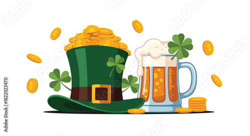 A festive St. Patrick's Day illustration with a leprechaun's green top hat overflowing with gold coins next to a mug of beer.