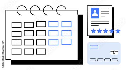 Calendar coupled with user profile card and rating system. Ideal for scheduling, performance evaluation, planning, task allocation, feedback systems, project workflow, and user management concepts