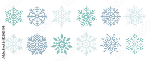 Set of  different Snowflakes. Seasonal Christmas holiday decorations, different shapes, seasonal Christmas decor, snowy decoration silhouettes. Seasonal design element. Isolated flat vector illustrati