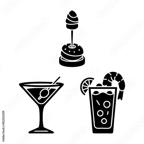 New Year Party Appetizers and Drinks Three Silhouette Vector Icons