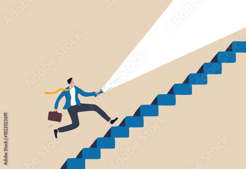 Flashlight to see opportunity, discover business way of success, challenge to find direction in the dark, leadership concept, confidence businessman with flashlight or torch running up stair. 