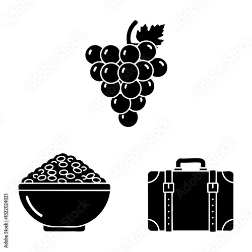 Global New Year Traditions Grapes Lentils Suitcase Three Silhouette Set