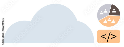 Cloud icon with user pie chart and coding tag representing teamwork, technology, and development. Ideal for cloud storage, collaboration, scalability, data sharing, development, coding technology