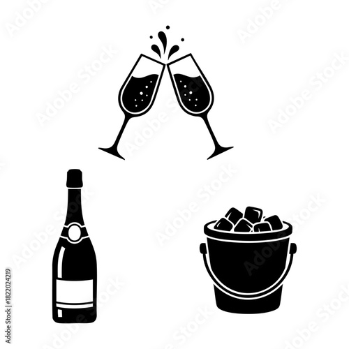 Final Toast Champagne Clinking Flutes Bottle and Ice Bucket Three Silhouette Set