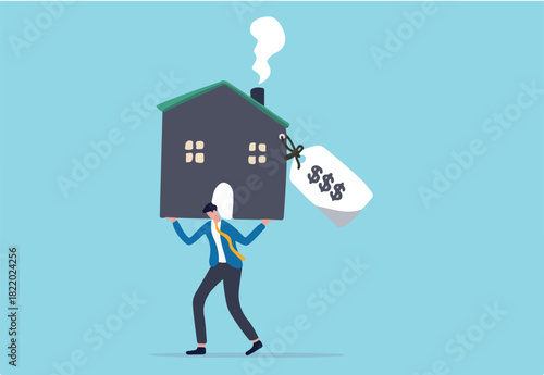 Overpay in real estate and house mortgage, too much invest or expense to pay for debt and loan in economic crisis concept, tried depressed office worker man carrying house with expensive price tag.