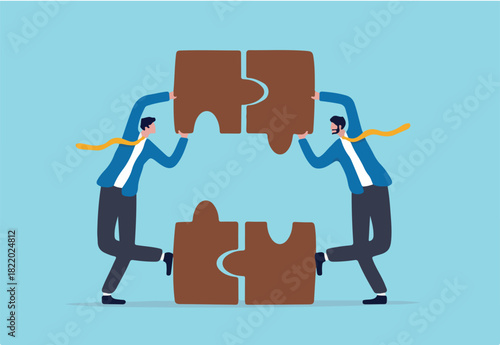 Partnership and teamwork, business agreement deal or working team collaboration concept, smart people businessmen colleagues or business partner assemble jigsaws together to complete the puzzle.