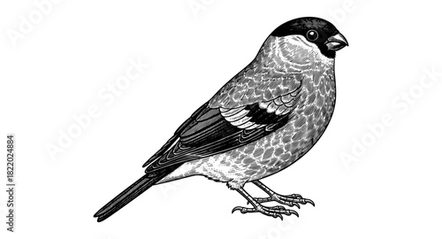 Detailed vintage engraving of a bullfinch bird on white background