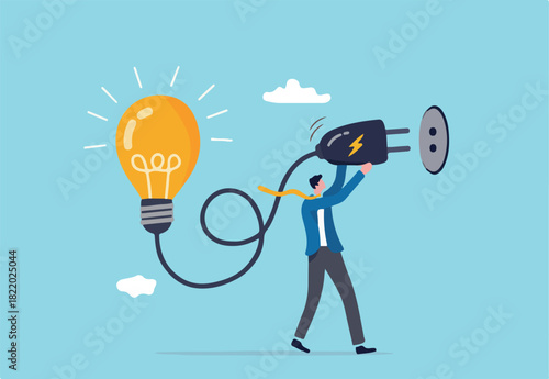 Problem solving idea, invent new innovation or thinking about new business idea concept, smart leader businessman connect electricity to light up idea lightbulb lamp
