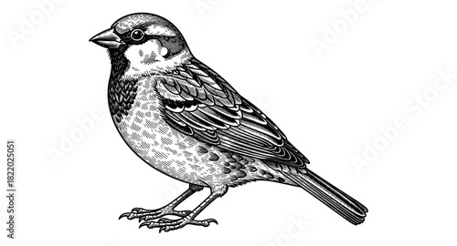 Detailed black and white engraving art of a sparrow in profile view