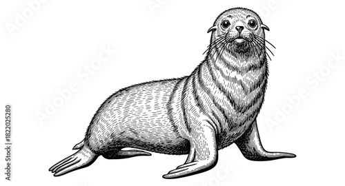 Detailed engraving of a curious seal in monochrome style