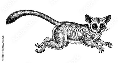 Detailed black and white drawing of a gray mouse lemur in motion
