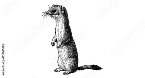 Detailed black and white drawing of a standing weasel