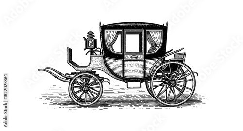 Vintage carriage drawing with detailed antique design and ornate features