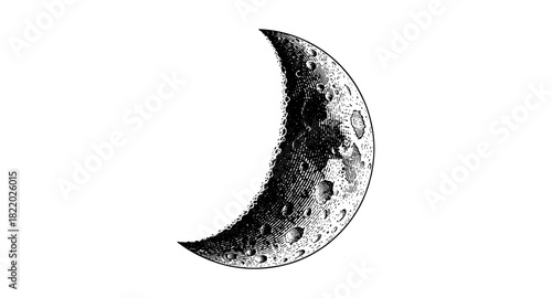 Vintage style crescent moon with detailed craters and shadows on white background