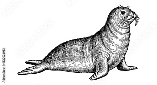 Detailed engraving of a seal in vintage style on white background