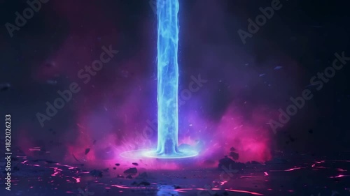 Vertical beam of blue energy light rises from intense magenta smoke on dark background, vivid glow suggests science fiction portal or teleportation concept, mysterious atmosphere