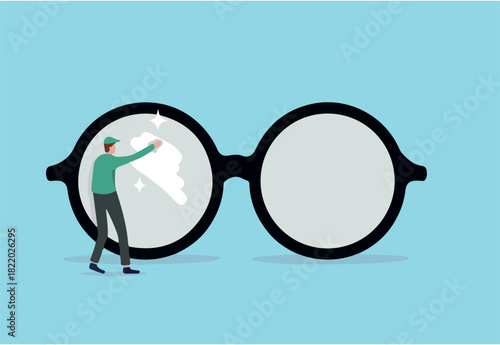 Clear business vision, see through lenses in details or clean and clear business outlook concept, miniature worker cleaning huge eyeglass lenses for owner to get clear vision