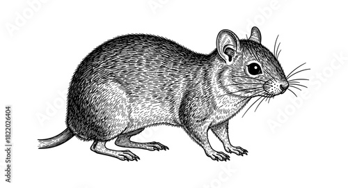 Detailed black and white engraving of a mouse on white background