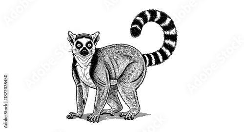 Detailed ring-tailed lemur in monochrome engraving style