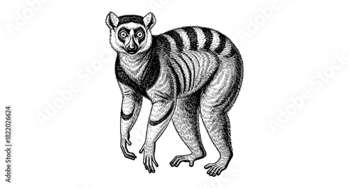 Detailed hand-drawn lemur with black and white patterns