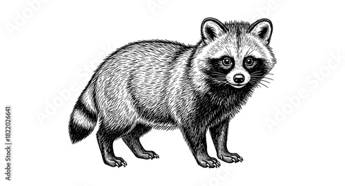Detailed black and white raccoon: intricate vintage style