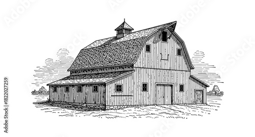 Rustic barn sketch with vintage architectural details in black and white