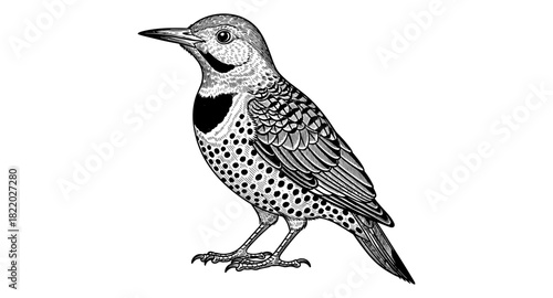 Detailed line art of northern flicker woodpecker with intricate patterns
