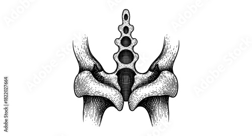 Anatomical human spine and pelvis drawing in detailed vintage style