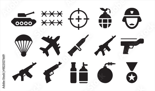 Black Military Silhouette Set with Guns, Bombs, Barbed Wire, and Soldier Gear