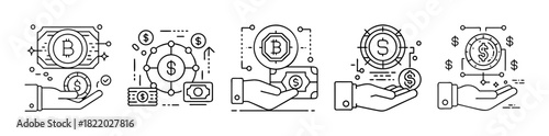 Digital currency and exchange transaction line icons set