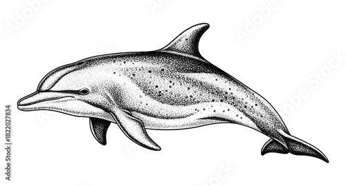 Detailed black and white dolphin sketch in stipple art style