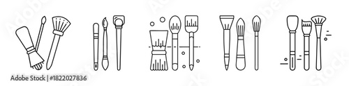 Simple outline set of various cosmetic makeup brushes