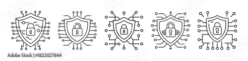 Digital cyber security shield lock line icon set