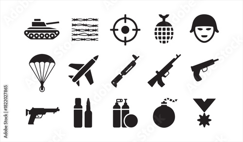 Military Weapon and Equipment Icon Set Featuring Tanks, Guns, Grenades, and Helmets