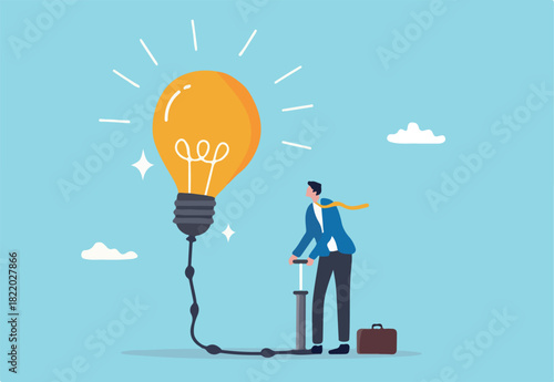 Create new idea, creativity, innovation to solve problem, idea development or invention, imagination or motivation to think about solution concept, businessman pump air inflate in big lightbulb idea.
