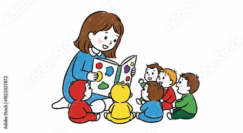 Teacher reading colorful storybook to group of children