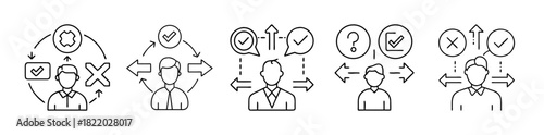 Business decisions, feedback, and process flow line icons