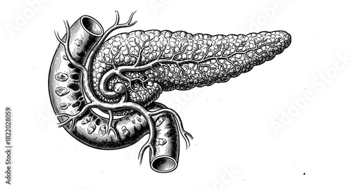 Detailed anatomical drawing of the human pancreas with duodenum and blood vessels in engraving style