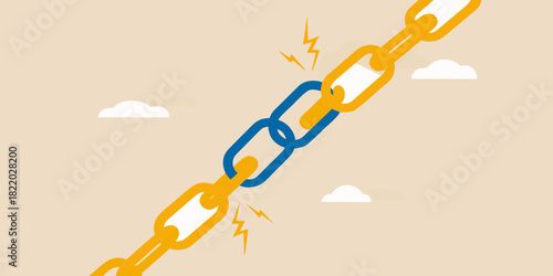 Broken chain link illustration symbolizing weakness vulnerability or disconnection with clouds