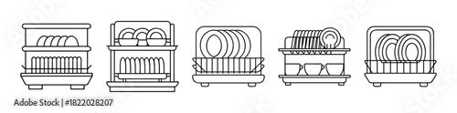 Kitchen dishware drying rack line vector icon set