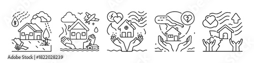 Home insurance icon set: risks, protection, safety coverage