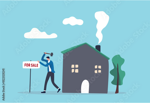 Home for sale, selling house moving to new home concept, home owner hammer for sale sign in front of his house.