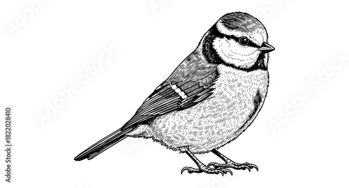 Detailed hand drawn blue tit bird sitting on branch in black and white sketch style