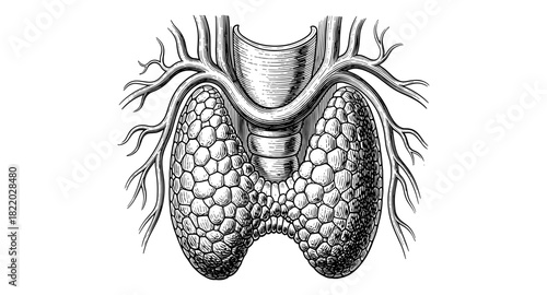 Intricate vintage style drawing of the thyroid gland with vascular details