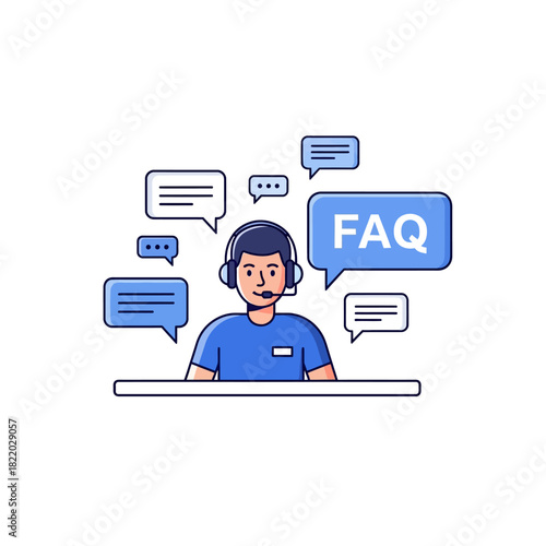 A friendly male customer support agent wearing a headset is ready to answer frequently asked questions (FAQ) and provide help in this minimalist 2D flat vector illustration with vibrant colors.